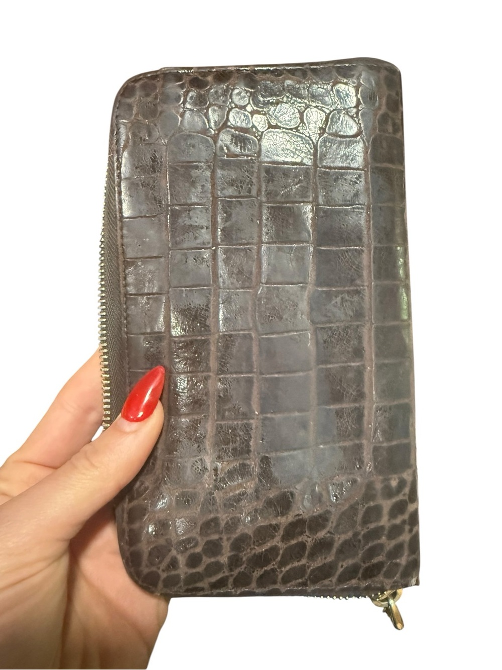 Miu Miu Brown Croc Embossed Leather Zip Around Continental Wallet Italy - Picture 8 of 10